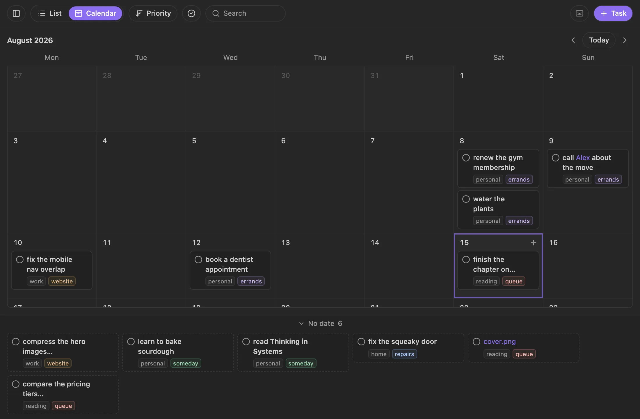 beaver-calendar: вкладка Calendar, месяц с задачами по дням